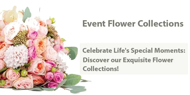 A striking display of our event flower collections, beautifully arranged to create a vibrant spectacle of color and fragrance. Each collection is designed with a unique mix of roses, anemones, and lilies, perfect for enhancing any celebration. Experience the elegance of our bespoke flower selections tailored for special occasions.