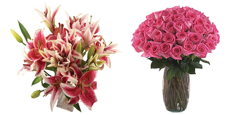 Romantic Valentine\'s flowers with roses, lilies & mini callas in white and pink shades.