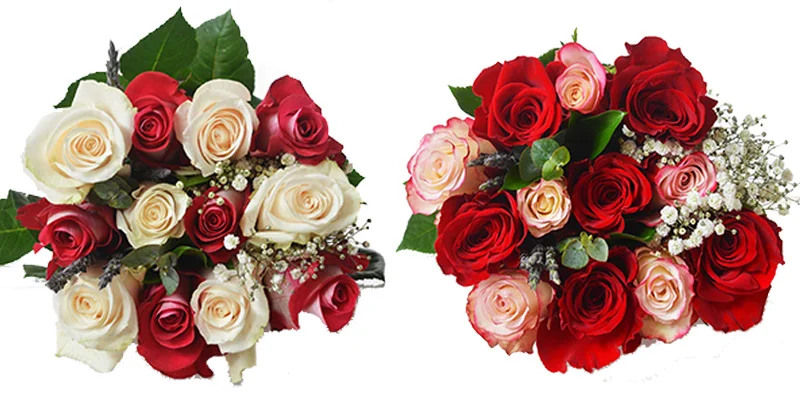Elegant arrangement of red, ivory and dark pink roses with fillers, a lovely Valentine\'s Day gift.