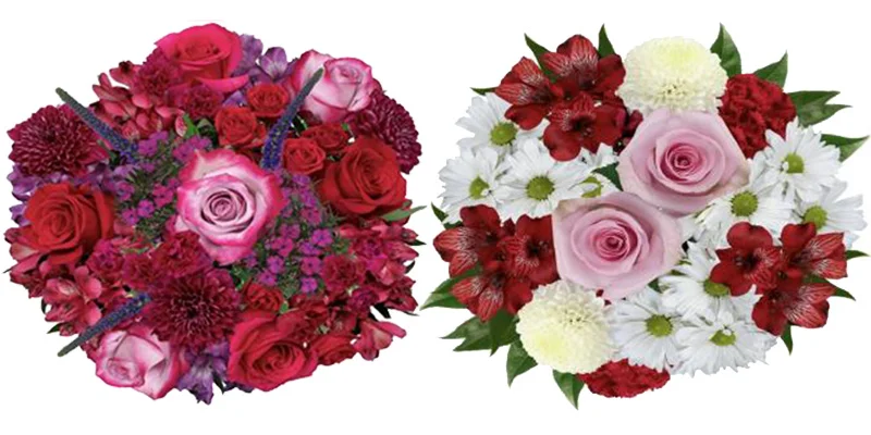 Elegant Valentine\'s Day centerpieces highlighting red, lavender and pink flowers for love.