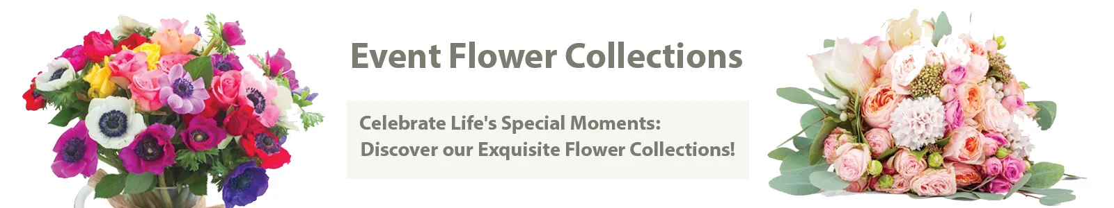 A striking display of our event flower collections, beautifully arranged to create a vibrant spectacle of color and fragrance. Each collection is designed with a unique mix of roses, anemones, and lilies, perfect for enhancing any celebration. Experience the elegance of our bespoke flower selections tailored for special occasions.
