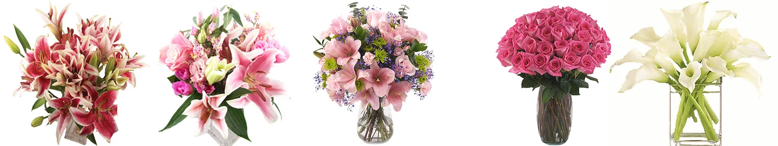 Romantic Valentine\'s flowers with roses, lilies & mini callas in white and pink shades.
