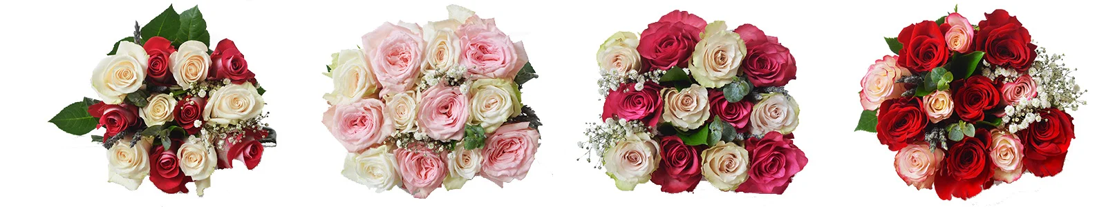 Elegant arrangement of red, ivory and dark pink roses with fillers, a lovely Valentine\'s Day gift.