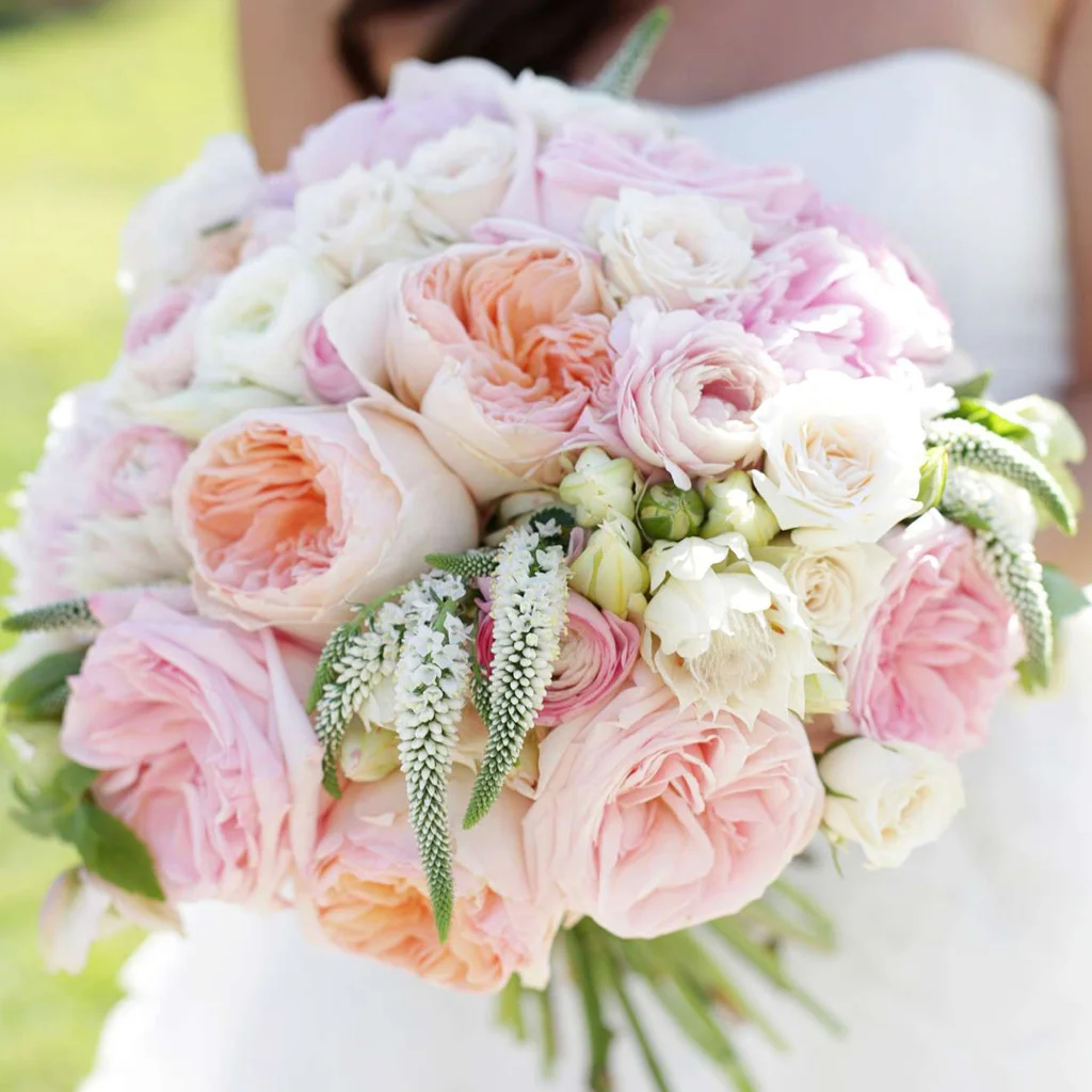 Bride holding a bouquet of garden roses, ranunculus, veronica, and spray roses in soft pink, peach, and white tones.