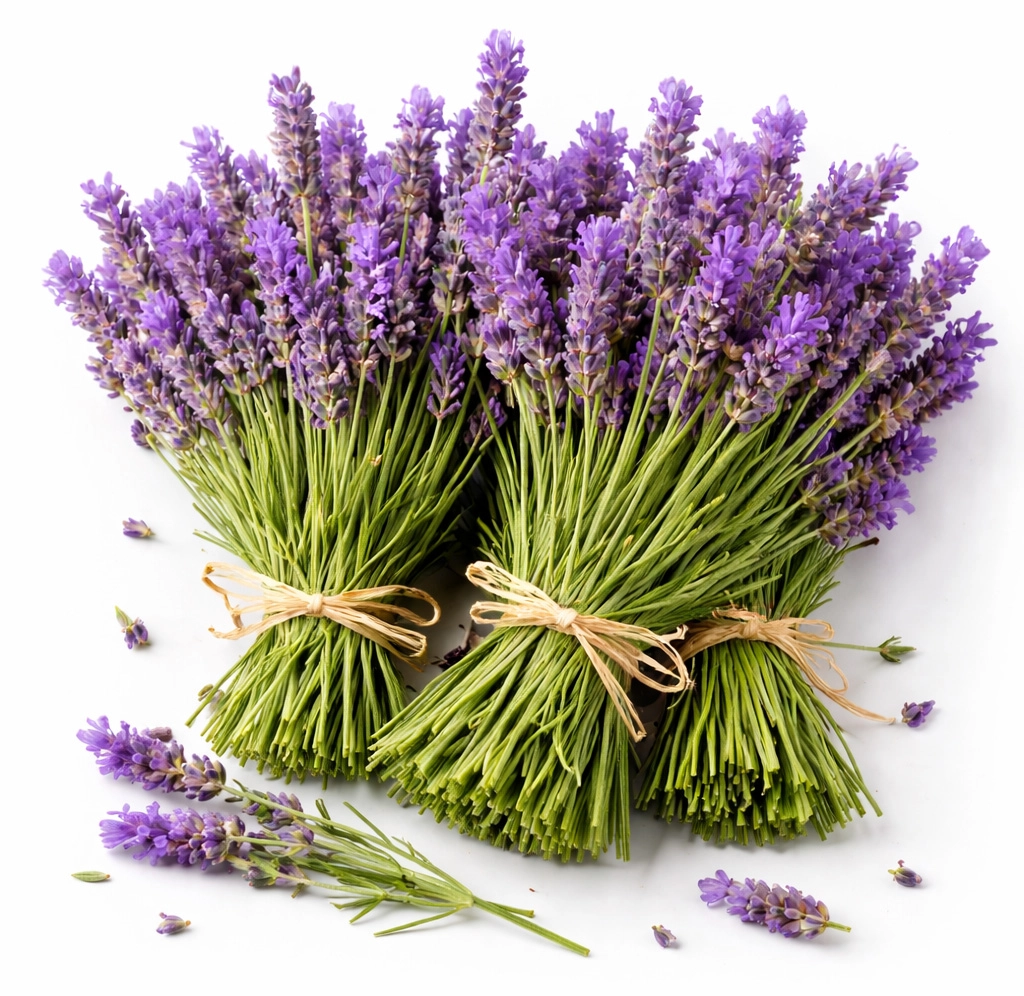 fresh French lavender bundle with hollow bendy stems on white background for wedding flowers and next day delivery