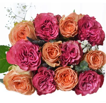 Luxurious fresh dark pink and orange rose bouquet ideal for weddings, events, Valentine’s Day.