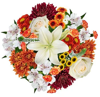 Colorful fall centerpieces with white asiatic lilies, golden cushion poms, red disbuds, and cream roses from Whole Blossoms.