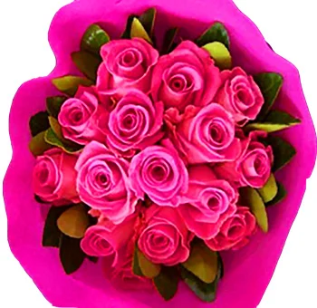 A vibrant floral arrangement of hot pink roses and ruscus, perfect for Valentine's Day.