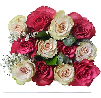 A vibrant bouquet of hot pink and cream roses, eucalyptus, and baby's breath, perfect for Valentine's Day romance.