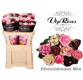 Fragrant Roses Choco Dream Gift featuring a ChocoDream Mix with chocolate-scented pink, white, and dark roses, displayed in premium packaging and bouquet form.