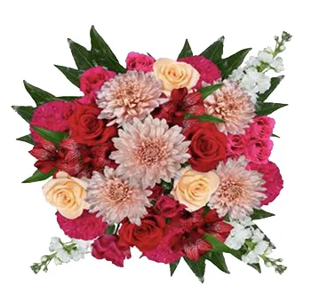 A romantic Valentine's Day centerpiece with red roses and dark pink and peach flowers in full bloom.