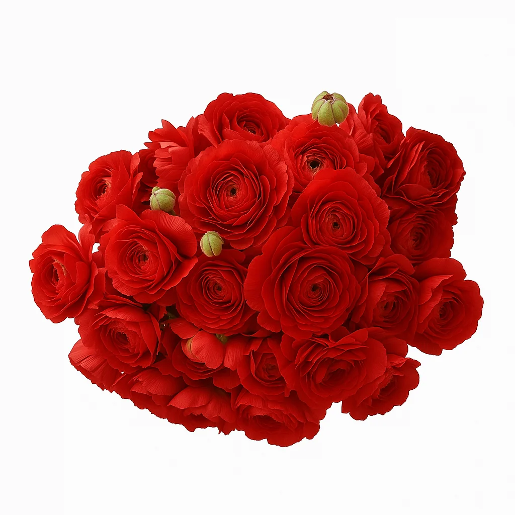 Wholesale Red Ranunculus flowers freshly cut for florists, DIY weddings, and romantic floral displays with a rich, classic red hue.