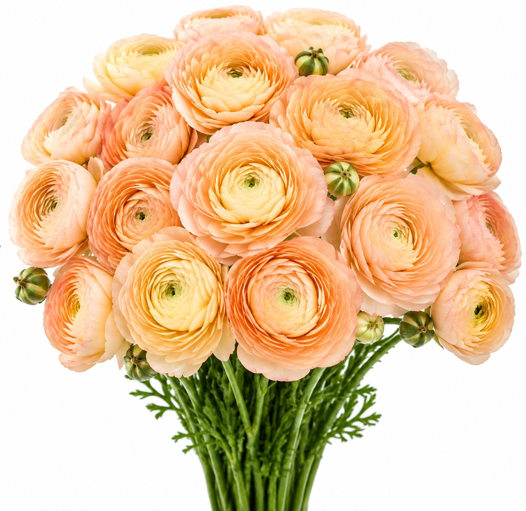 Fresh peach ranunculus flowers available for next-day bulk delivery for weddings and special events.