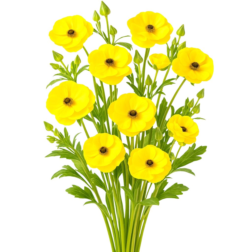 Bright yellow butterfly ranunculus blooms with airy petals, perfect for cheerful wedding bouquets, bulk event flowers, and spring floral designs.