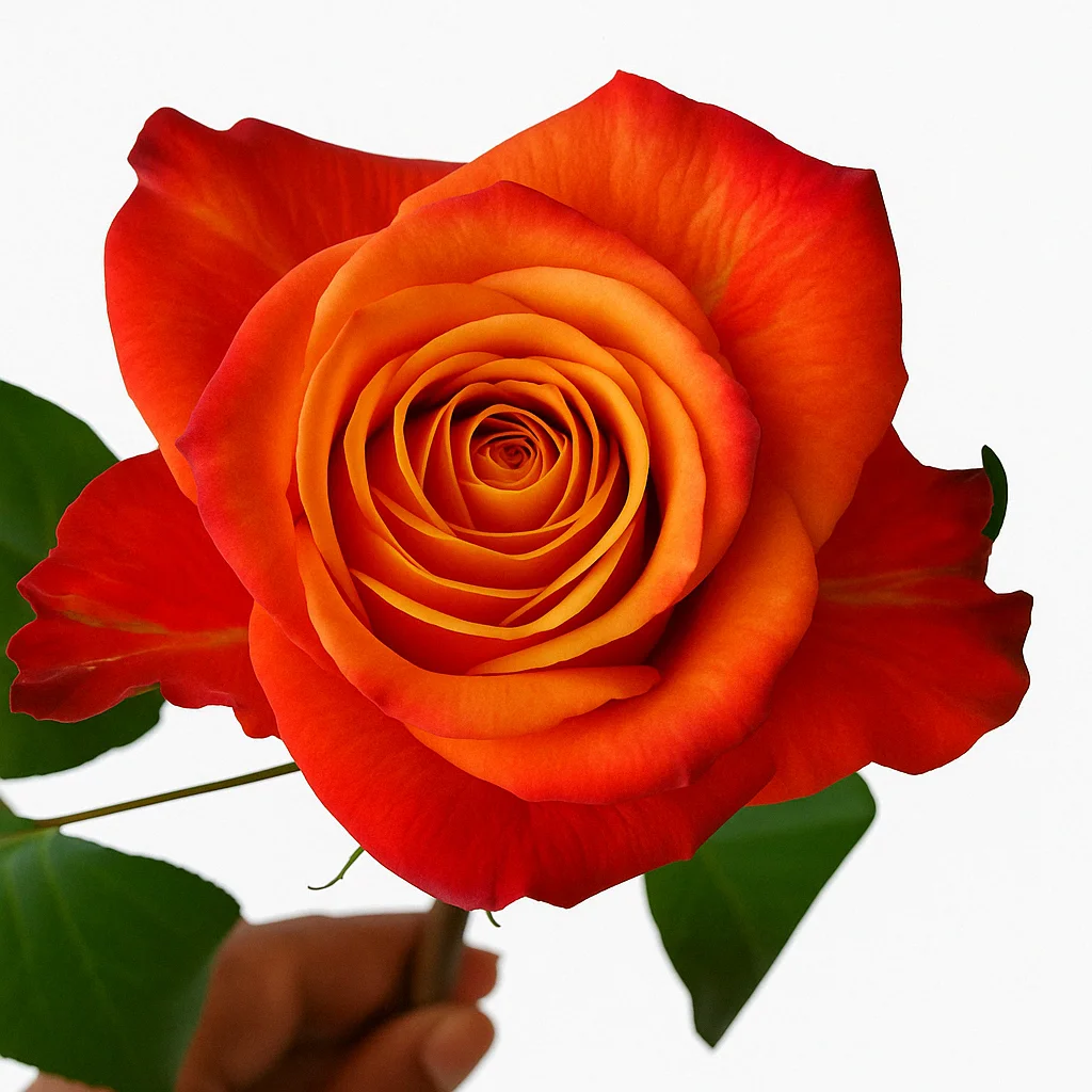 A close-up of a single atomic rose with fiery orange and red petals, held by hand, standing out crisply against a pure white background.