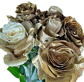 Golden Rose Holiday Flowers with shimmering gold petals, ideal for festive floral arrangements, winter weddings, and seasonal holiday decor.