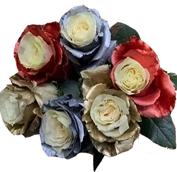 A bouquet of metallic roses arranged with soft greenery and elegant filler flowers.