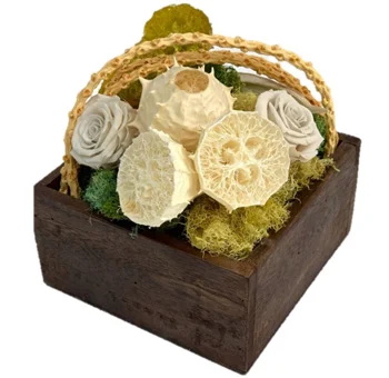 Elegant fall decor featuring dry exotic flowers, enhancing a rustic chic box set with autumn colors.