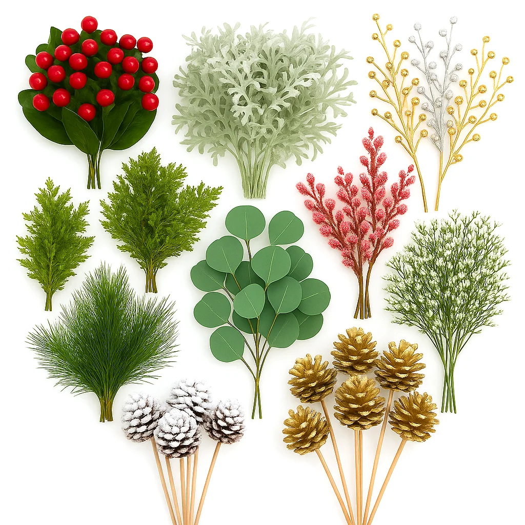 Holiday fillers featuring evergreens, berries, eucalyptus, cedar, pine, and seasonal greens on white background.