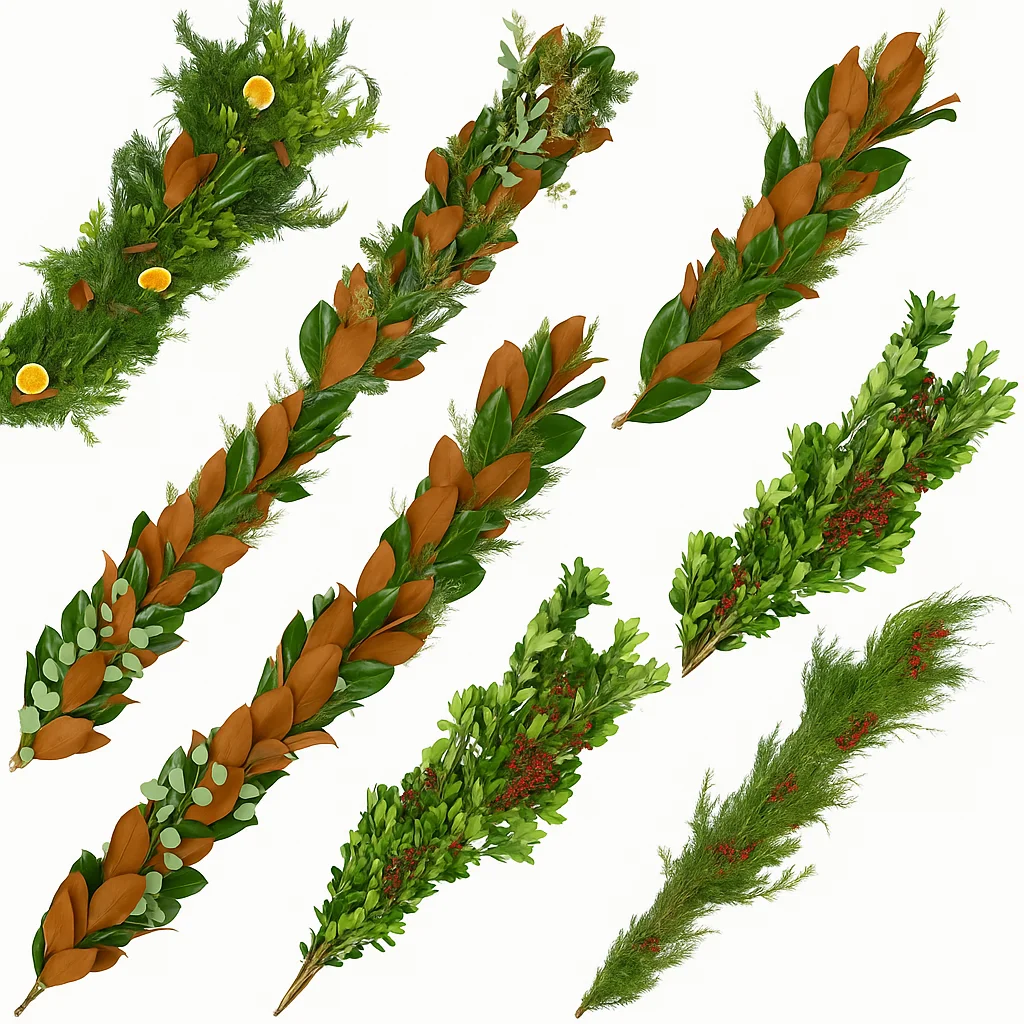 Holiday garlands — mixed evergreen, eucalyptus, magnolia and berries on white background.