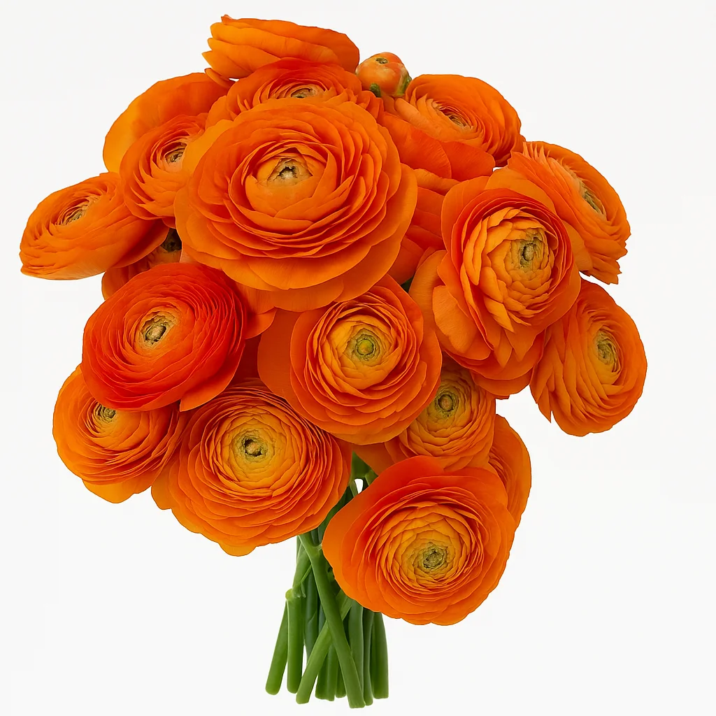 Wholesale orange ranunculus blooms with tight rosettes and long stems, ideal for floral designers, wedding pros, and large-scale flower arrangements.