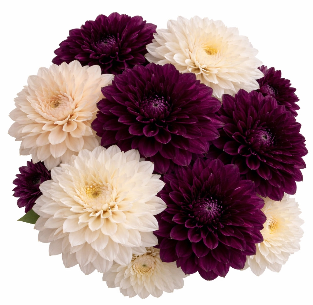 Cream Café au Lait and Dark Purple Naomi Dahlias wholesale for weddings and events – year round bulk dahlia flowers
