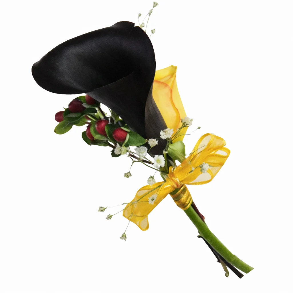 Dark purple mini calla pin corsage with dramatic flair, perfect for weddings, gifts, and premium styling.