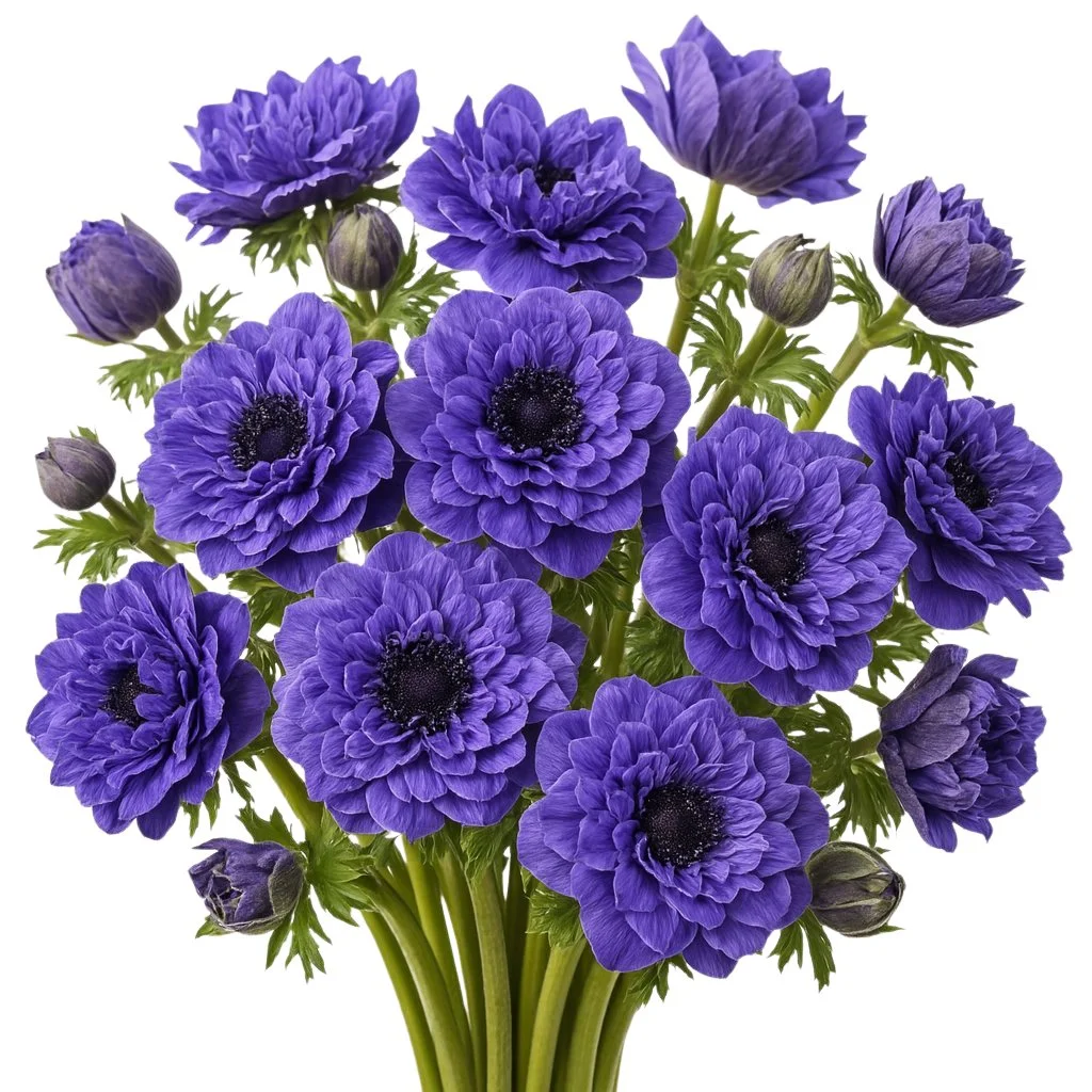 Full Star Blue Anemones with rich velvet-blue petals and dark centers, perfect for weddings, centerpieces, and premium floral arrangements.
