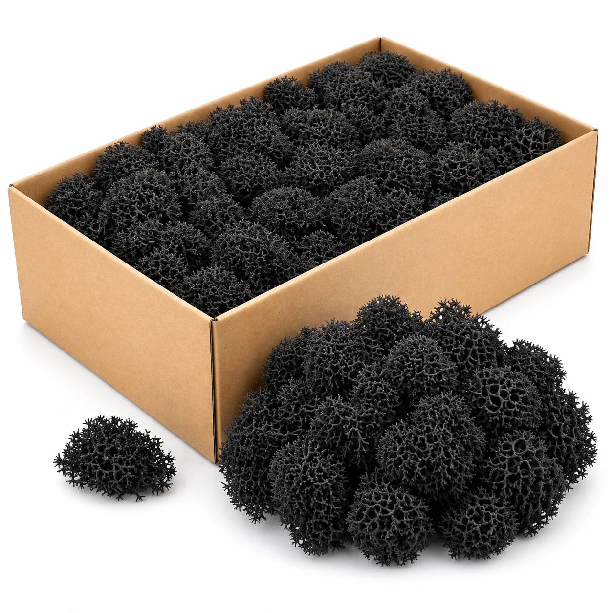 Bulk black preserved Iceland moss in box with dark coral-like clusters for minimalist decor, crafts and installations.