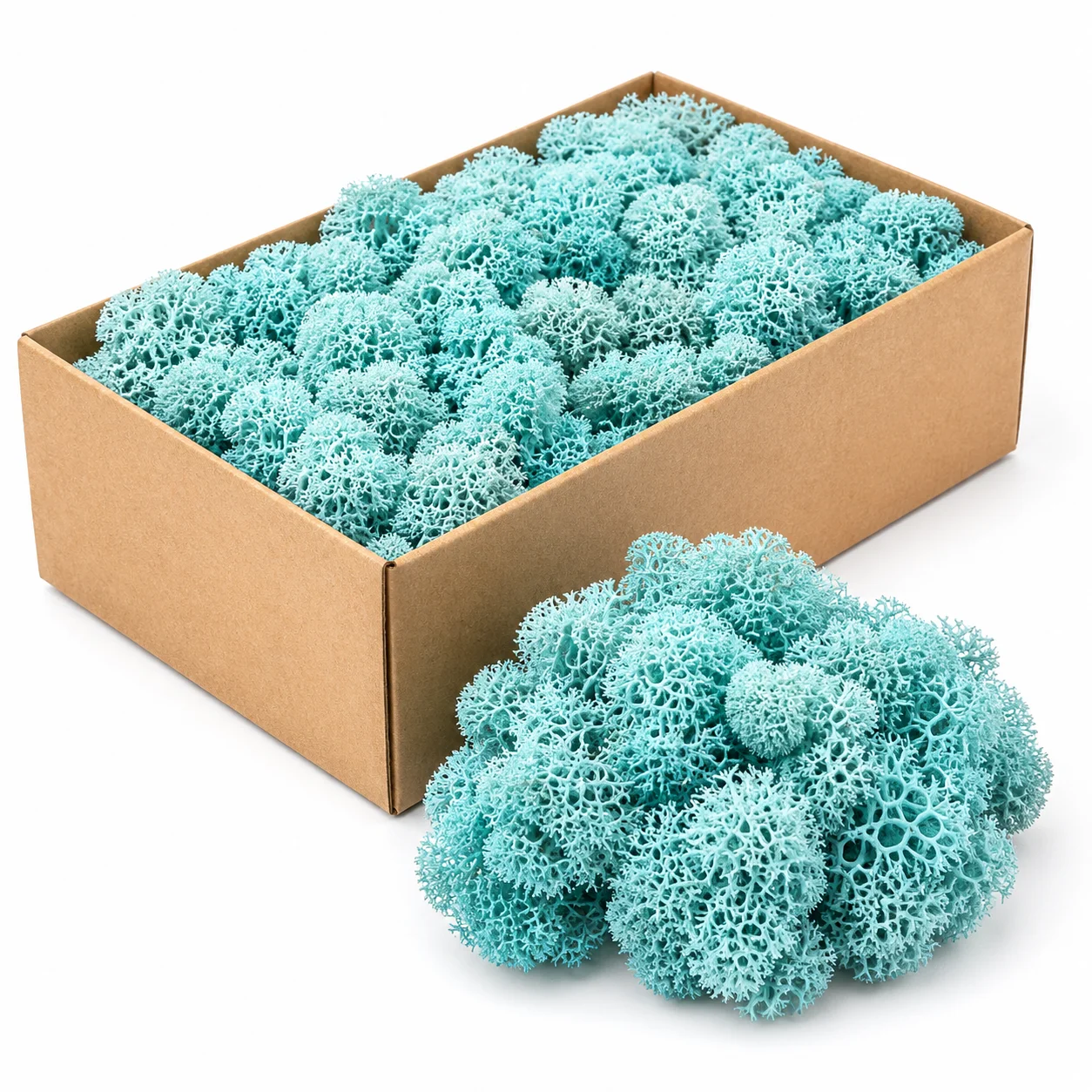 Light blue preserved Iceland moss bulk box with soft coral-like clusters for DIY decor, terrariums and moss wall art.