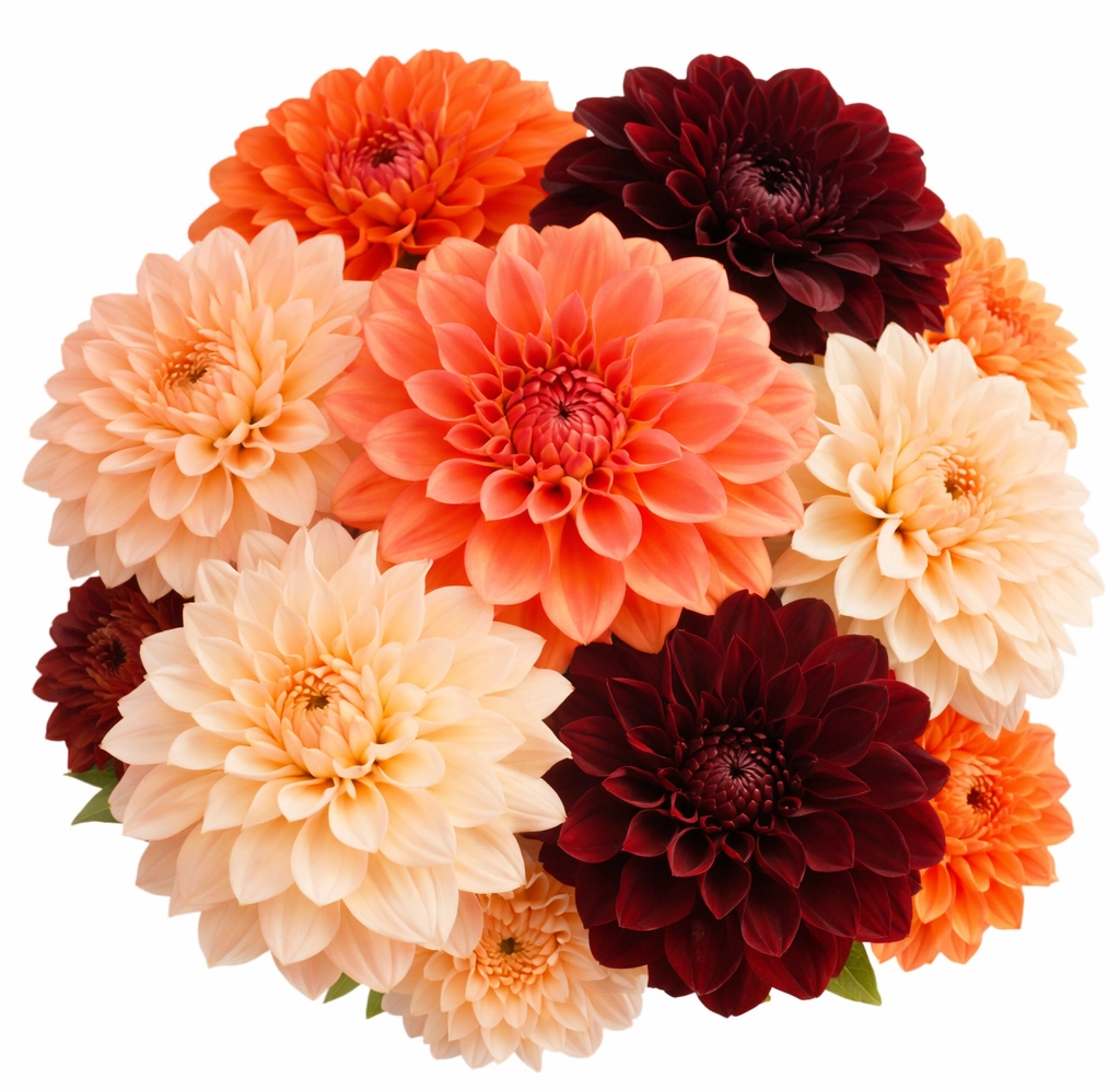 Cream coral orange and burgundy bulk dahlias for weddings and events – year round wholesale flowers