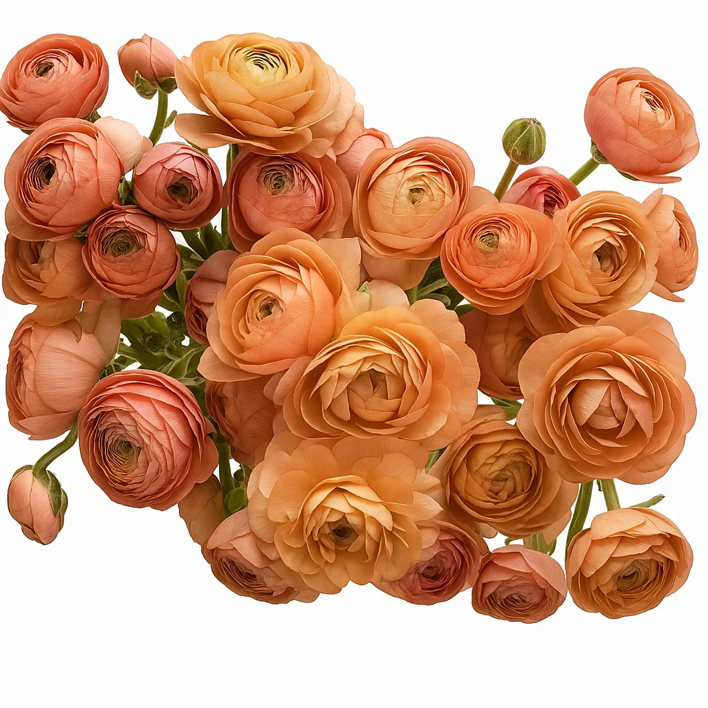 Peach ranunculus wedding flowers with soft, layered petals arranged in a romantic bouquet—perfect for bridal work and spring floral design.