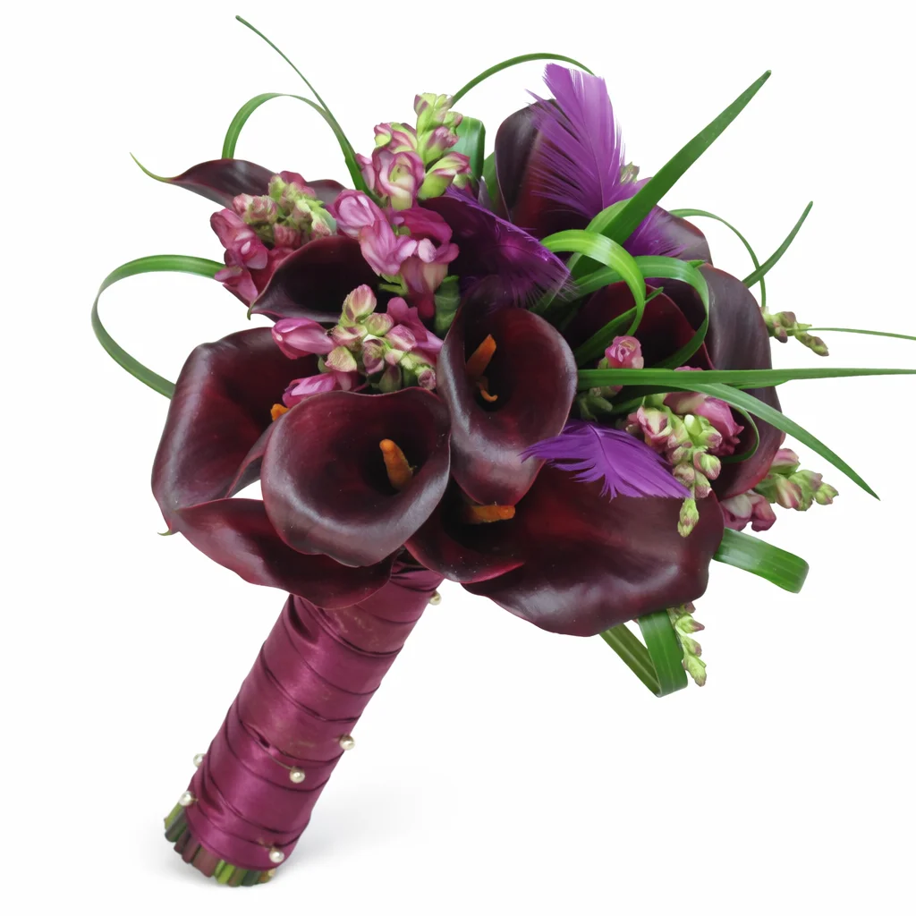 Purple mini calla posy bouquet for bridesmaids, ideal for weddings, floral gifts, and stylish décor.
