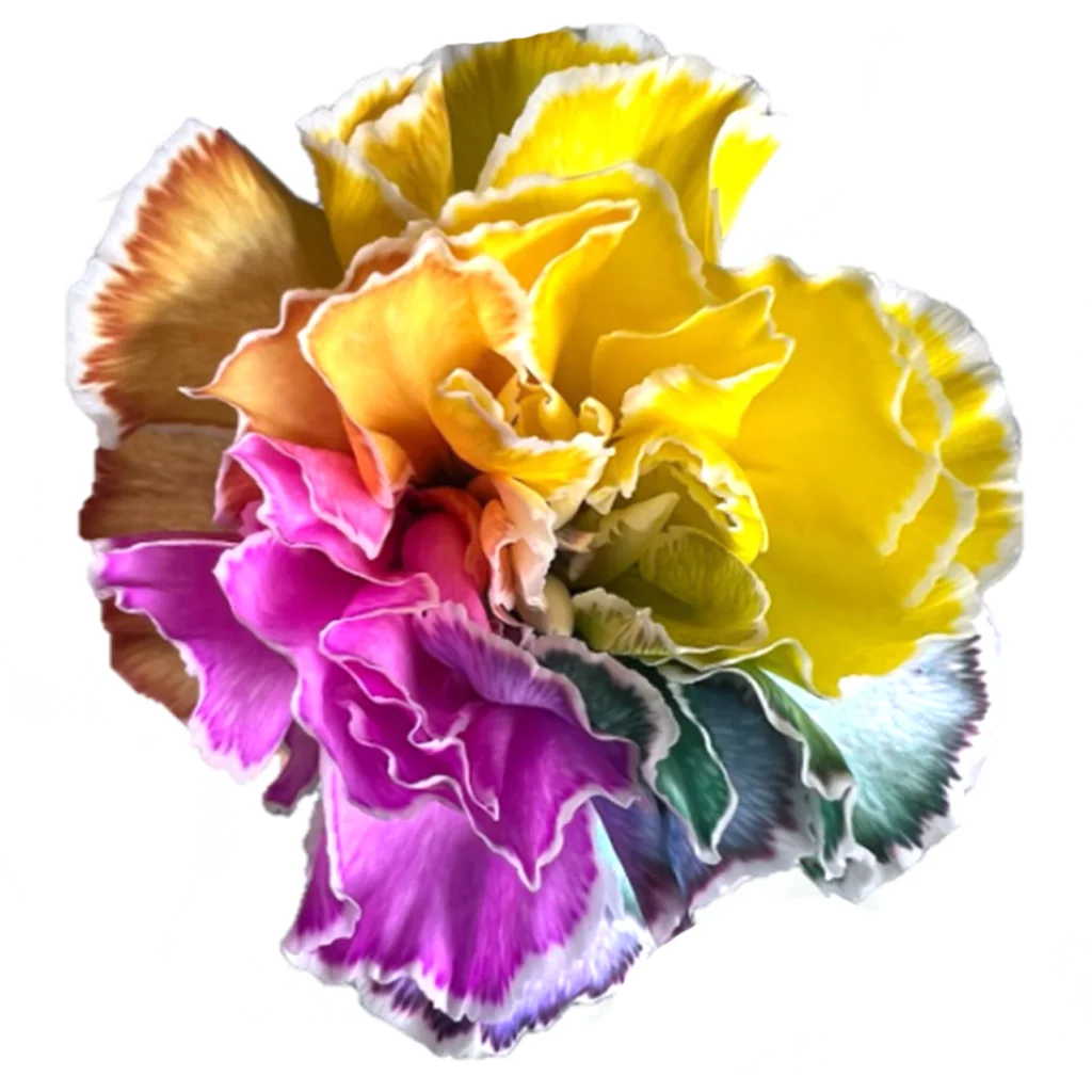 Multicolor rainbow dyed carnation with vibrant blended hues, fresh cut bulk flower perfect for festive celebrations, creative displays, and eye-catching floral projects.