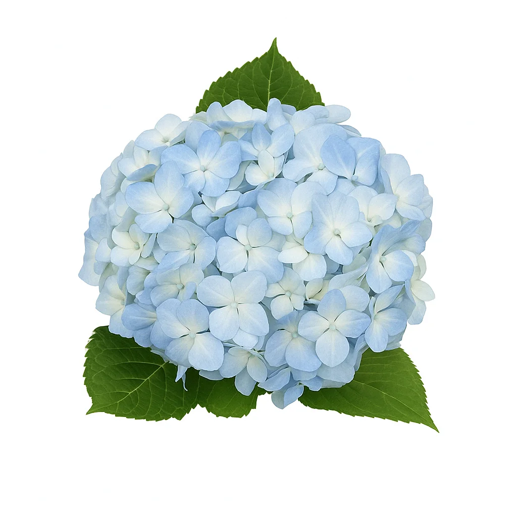 A single, full bloom of pale blue hydrangea surrounded by deep green leaves, artistically displayed against a white backdrop with soft natural lighting.
