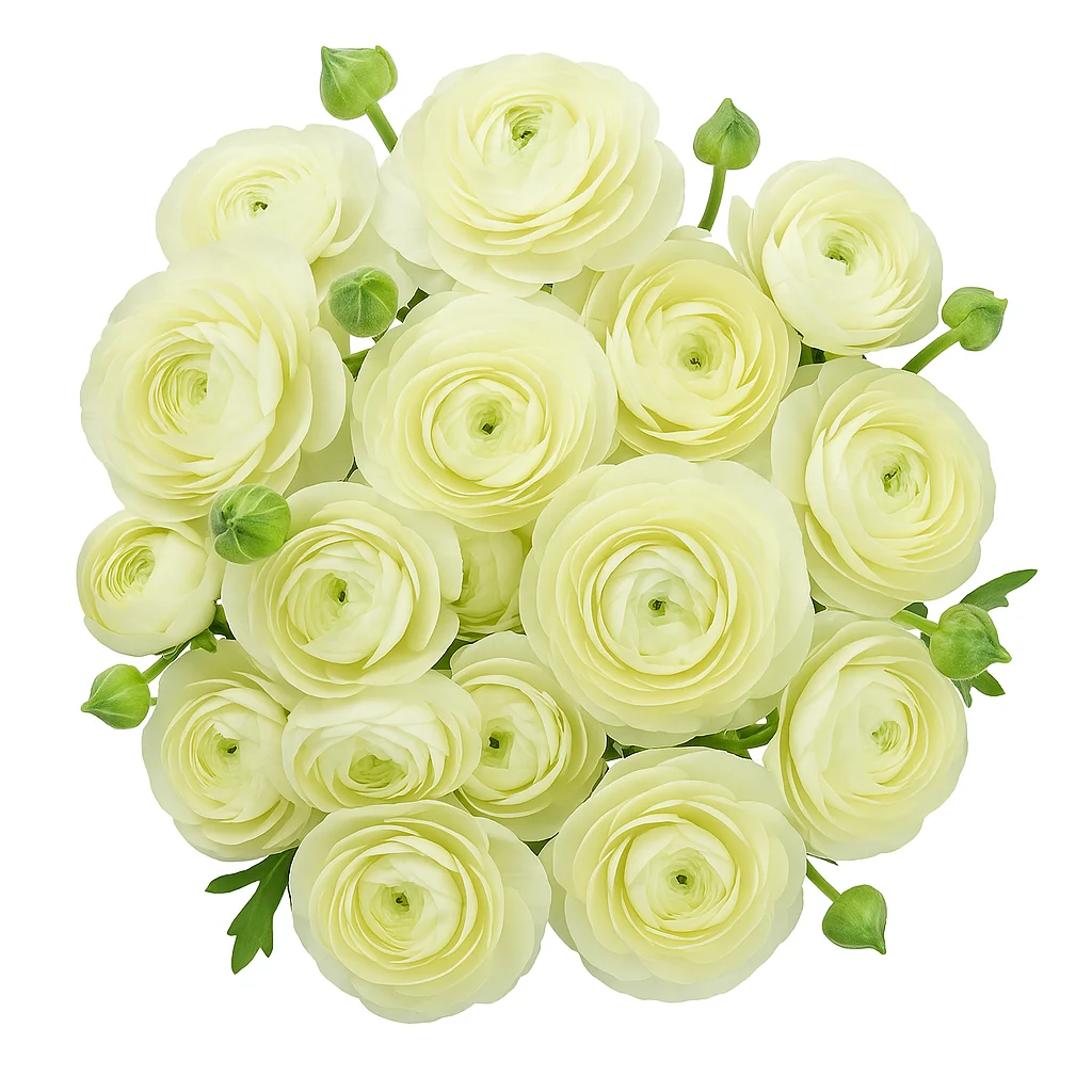Soft Cream Ranunculus flowers in a centerpiece arrangement with blush accents and greenery, perfect for weddings and formal floral displays.