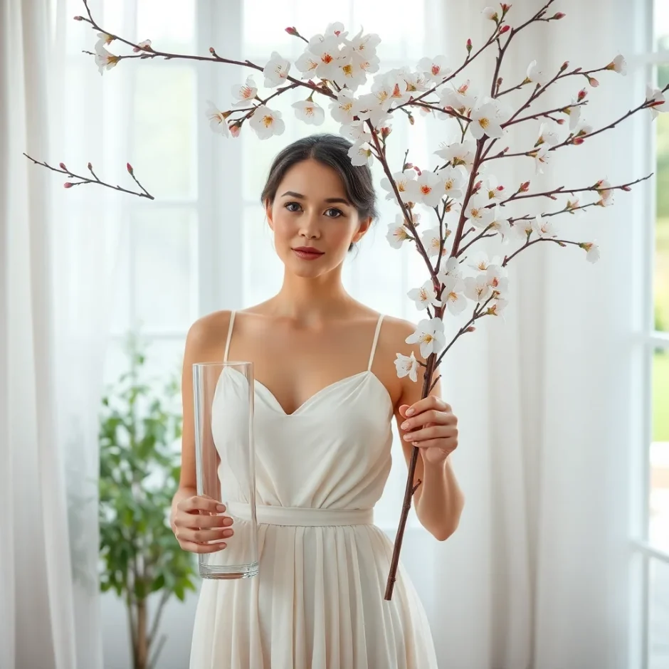 Elegant woman holding tall cherry blossom branches in a glass vase, showcasing modern floral design inspiration for weddings and special events.