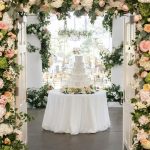 Tented wedding reception with pink, cream, and peach flowers.