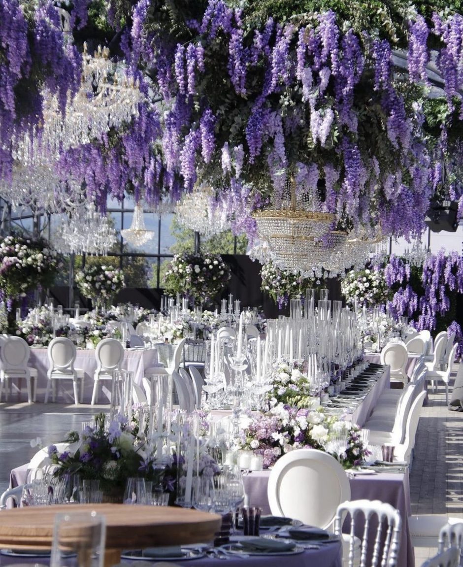 Wedding reception with lilac and lavender.