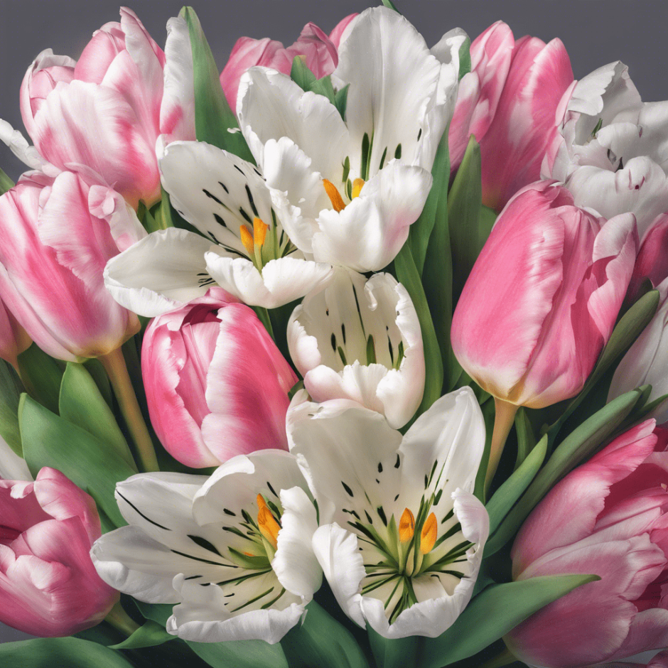 AI image of white alstroemeria with pink tulips.