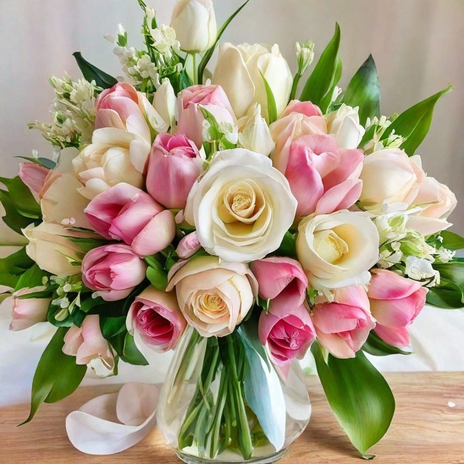 Floral arrangement with white roses and pink tulips.