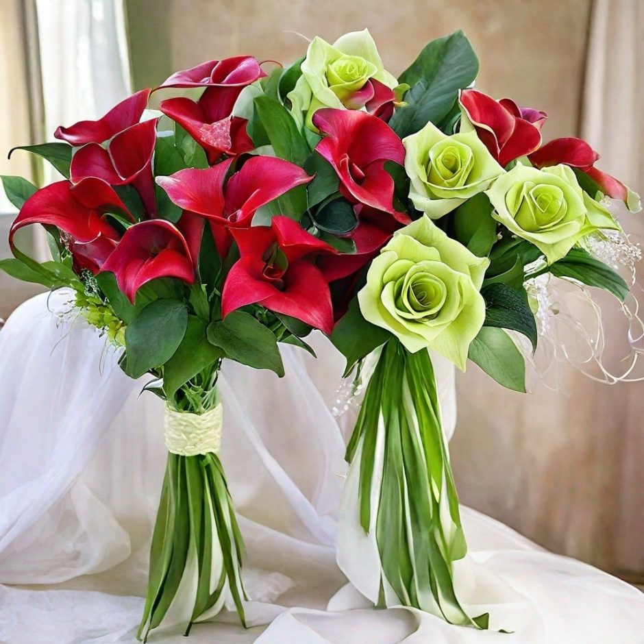 Red calla lilies and green roses.