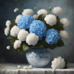 An arrangement with blue hydrangeas and white carnations.