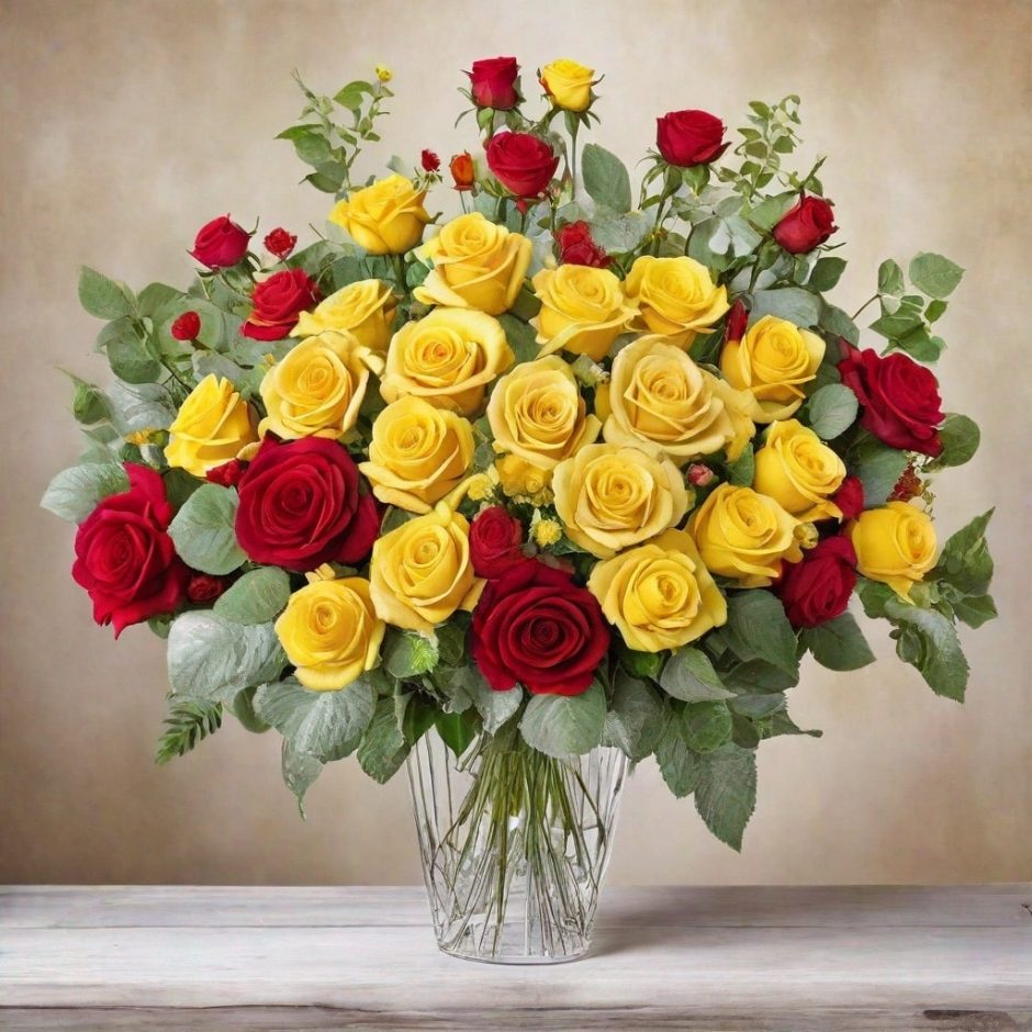 Centerpiece with red roses and yellow roses.
