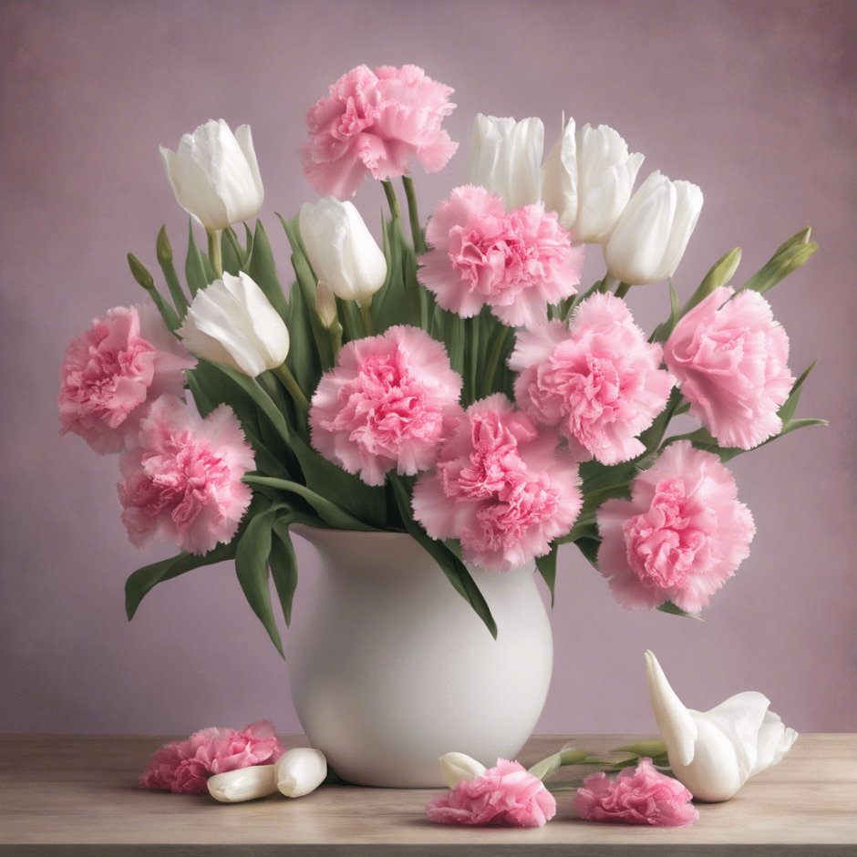 Centerpiece with white tulips and pink carnations.