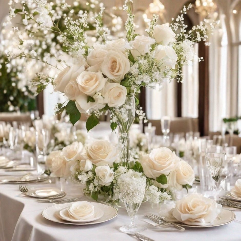 Wedding decorated with white roses and baby's breath.
