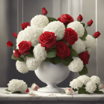 Centerpiece with white hydrangeas and red roses.