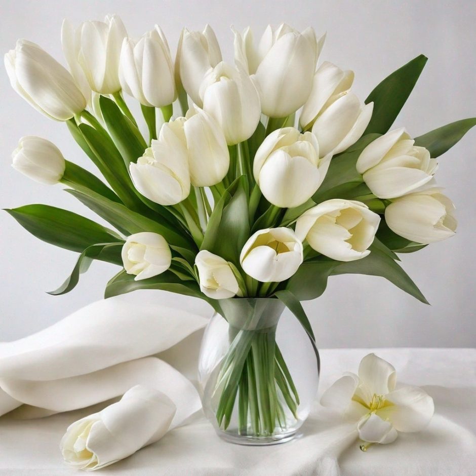 White tulips in a centerpiece.
