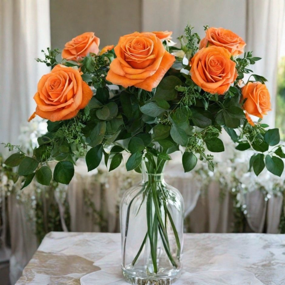 Centerpiece with Israeli Ruscus and orange garden roses.