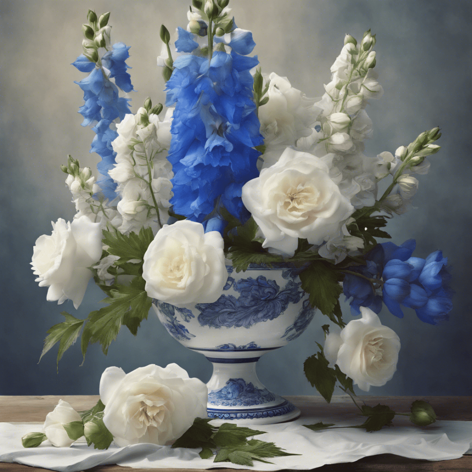 Centerpiece with blue delphinium and white roses.